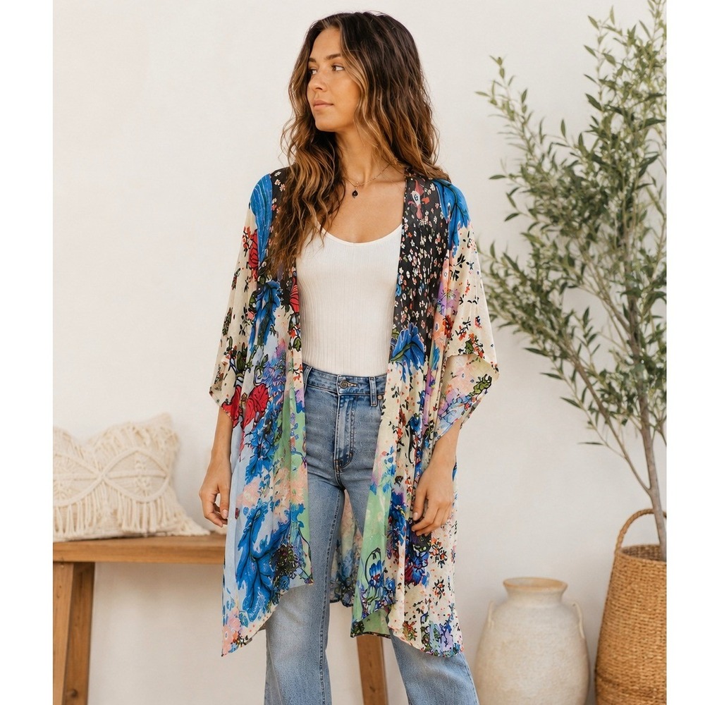 Lovestitch Kimono OS Multicolor Floral Mixed Print Open Front Duster Festival